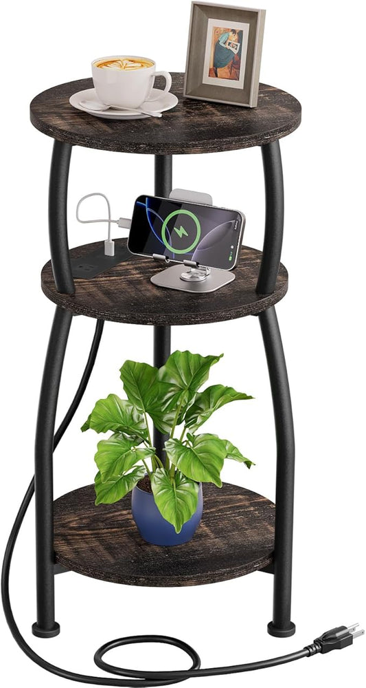Round Side Table with Power Outlet & USB Ports, 3-Tier End Table with Storage Shelf, Modern Rustic Nightstand, Small Spaces Accent Table for Living Room Bedroom, Easy Assembly, Oak Dark