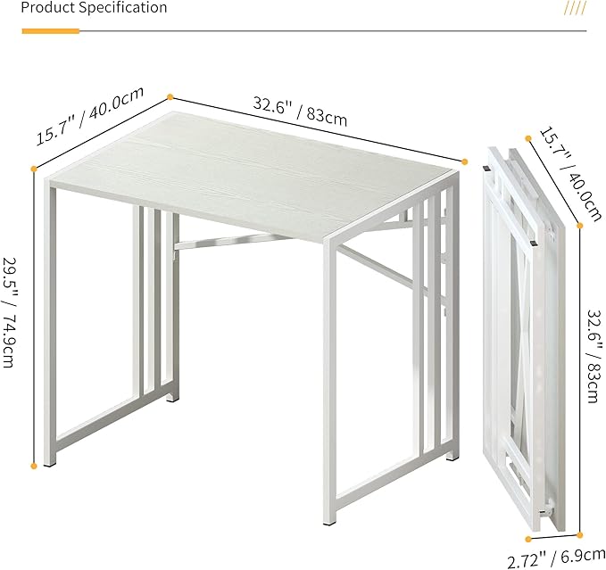Small Folding Desk 32 inch, No Assembly Required Small Office Desk, Writing Gaming Computer Camping Desk, White