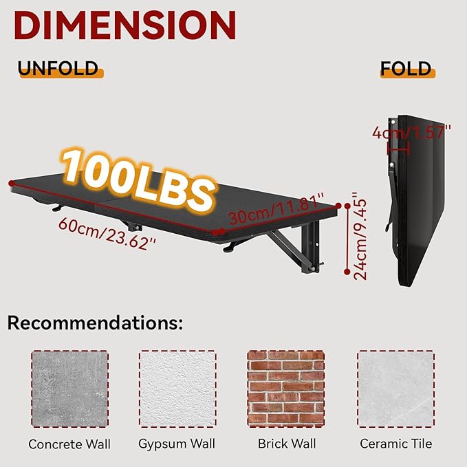 IBUYKE Wall Mounted Folding Table, Floating Wall Desk for Small Spaces, Fold Down Laundry Shelf with Heavy-Duty Brackets, Wall Table for Home Office/Bar/Kitchen/Dining Black UTVT005B