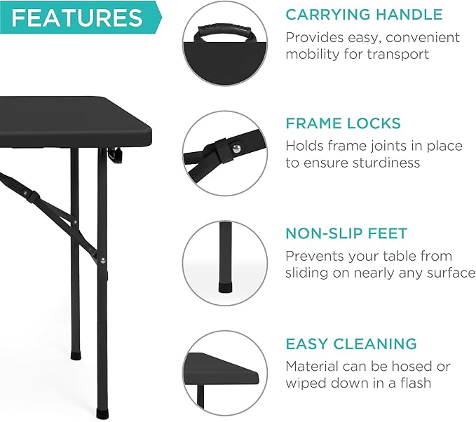 Best Choice Products 4ft Plastic Folding Table, Indoor Outdoor Heavy Duty Portable w/Handle, Lock for Picnic, Party, Camping - Black