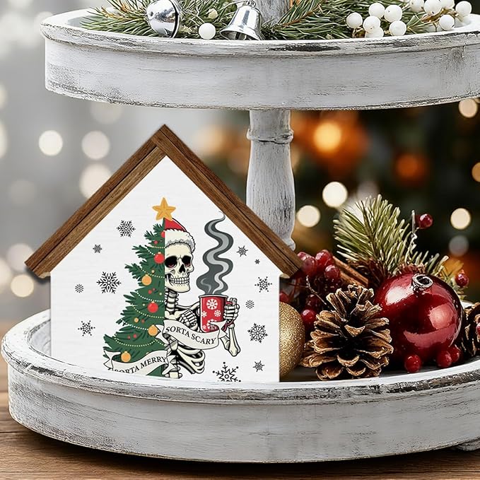 Funny Christmas Skeleton Coffee Bar Decor Sorta Merry Sorta Scary Skull House Shaped Wood Block Sign Xmas Holiday Kitchen Coffee Hot Cocoa Bar Decorations for Desk Table Shelf