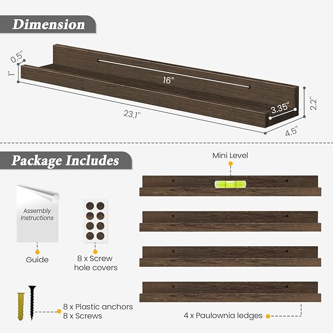 Forbena 24 Inch Rustic Picture Ledge Shelf Set of 4, Wooden Floating Shelves with Lip for Wall, Wide Farmhouse Hanging Photo Ledge Shelves for Bedroom Living Room Books (Solid Wood, Dark Brown)