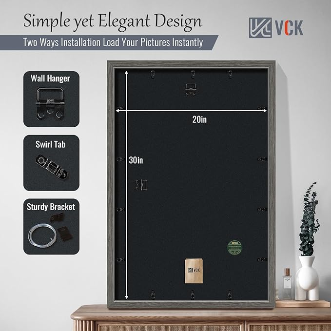 VCK 20x30 Poster Frame 5 Pack - Grey, High-End Wood Picture Frames with Polished Plexiglass, Display 16x24 Photo with Mat or 20x30 without Mat, Art Gallery-Quality, Wall Hanging, Grey