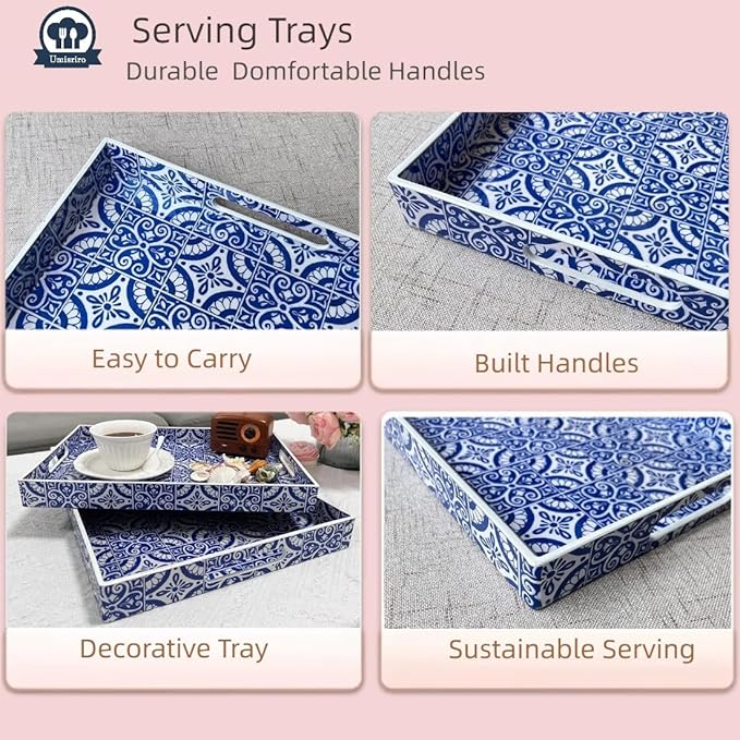 2 Pack Serving Tray with Handles, Rectangular Decorative Trays for Coffee Table, Modern Blue Plastic Ottoman Tray for Living Room, Bathroom, Kitchen, Decor, (Boho Blue)