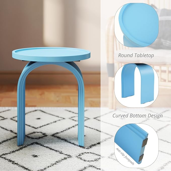 Round Side Table, Modern Wood End Table with Sturdy Base, Small Blue Drink Table for Living Room, Bedroom and Small Spaces