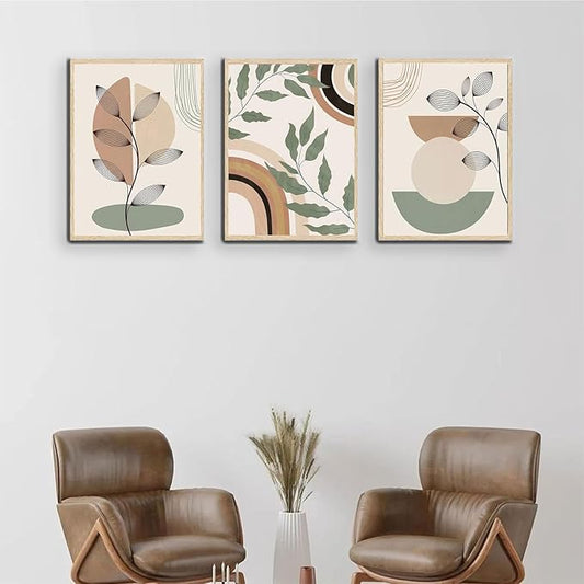 3 pcs Boho Canvas Wall Art Green Sage Botanical Painting Wall Decor Pictures Mid Century Modern Minimalist poster print for Living Room Bedroom Bathroom Home Decoration UnFramed