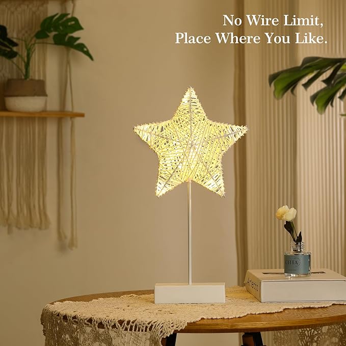 Lewondr Decorative Table Lamp, Christmas Star Night Lamp Winding Cotton Thread Warm LED Light Lamp for Bedroom, Battery Operated Lamp for Tables Cordless Xmas Home Romantic Bedside Table Lamp, White