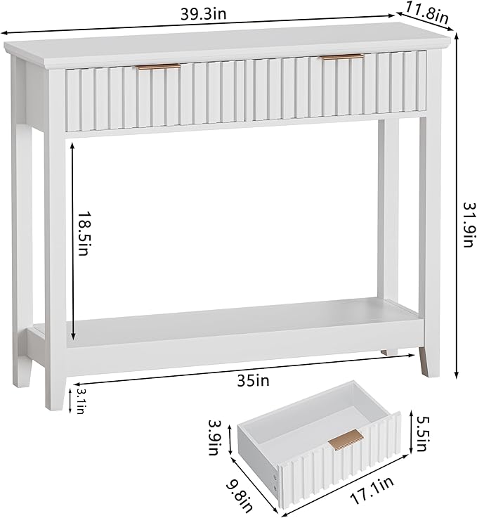 39 inch Entryway Table with Storage, Narrow Console Table with 2 Drawers, Modern Sofa Table with Open Storage Shelf for Living Room, Foyer Hallway, White