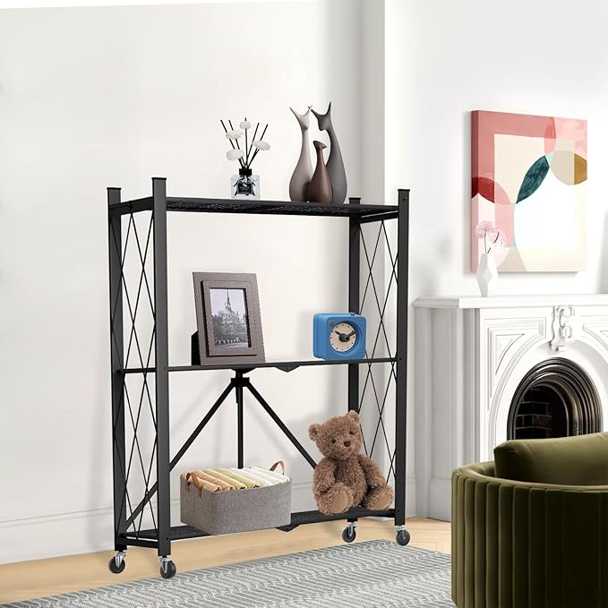 3 Tier Foldable Storage Shelf with Wheels, Heavy Duty Garage Shelving Unit Loads 550 LBS, Metal Steel Collapsible Shelves, Rolling Standing Utility Rack for Kitchen, Pantry, Office, Black