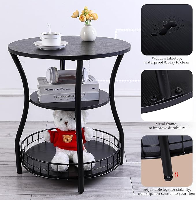 Round Side Table, 3-Tier Accent End Table with Storage Shelf, Corner Sofa Beside Table for Small Spaces,Nightstand with Metal Frame for Living Room, Bedroom (Black)