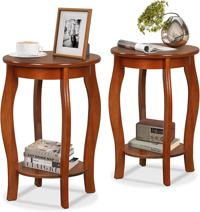 Giantex Round End Table, Wooden Side Table with Storage Shelf, Small Nightstand with Solid Wood Legs, 2-Tier Accent Table for Living Room Bedroom (2, Walnut)
