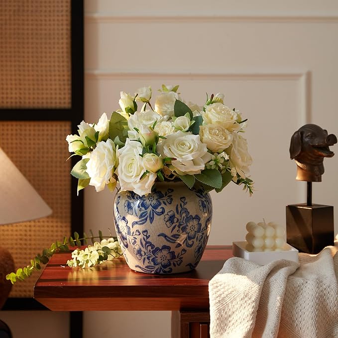 Blue and White Vases, Ceramic vases for Home Decor, Farmhouse Flower vase, Blue vase for Living Room Decor, Vintage Vase for Console Table Mantle Chinoiserie Decor