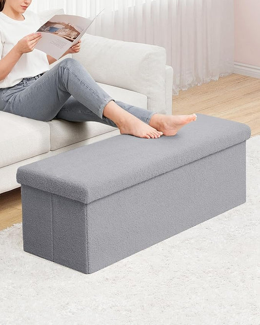 B FSOBEIIALEO Small Storage Ottoman Cube Sherpa Ottomans Foot Rest, Foldable Boucle Ottoman Bench, Faux Teddy Fur, Grey 43.3"x15"x15"