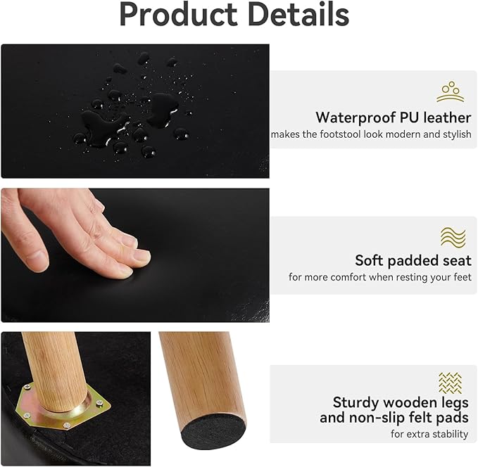 IBUYKE 13 Inch Foot Stool Ottoman with Storage, Round Small Foot Rest with Padded Seat and Wood Legs, PU Faux Leather Mini Footstool for Living Room Couch Bedroom Entryway, Black WBD023B