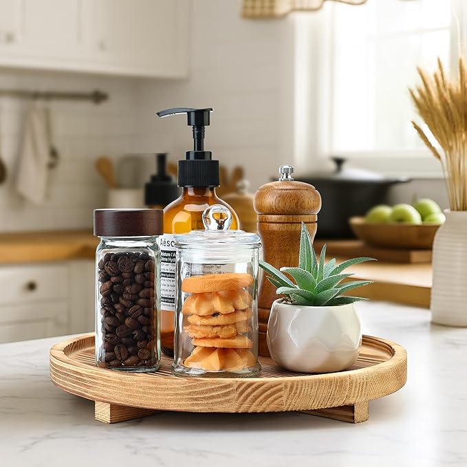 Decorative Round Wood Tray for Bathroom Counter Kitchen Decor Trays Wooden Riser Small Coffee Dining Table Tray Vanity Bathroom Sink Accessories for Soap Perfume Trays Countertop Candle Pedestal Stand