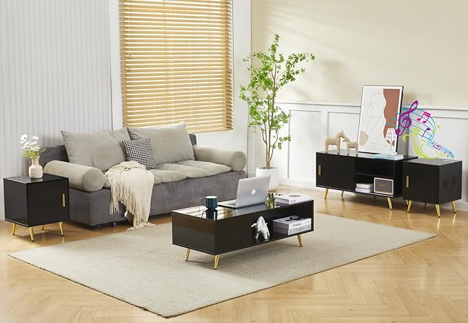 COSVALVE 41.3IN LED Black Coffee Tables for Living Room with 16 Colors LED Lights, Modern Minimalist Coffee Table with Fluted Panel, Rectangle Center Table Game Table