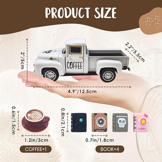 Coffee Decor for Coffee Bar Vintage Metal Truck with Mini Fake Books and Coffees Farmhouse Tabletop Coffees Ghost Sign Halloween Tiered Tray Decor Rustic Table Centerpiece for Home Kitchen, White