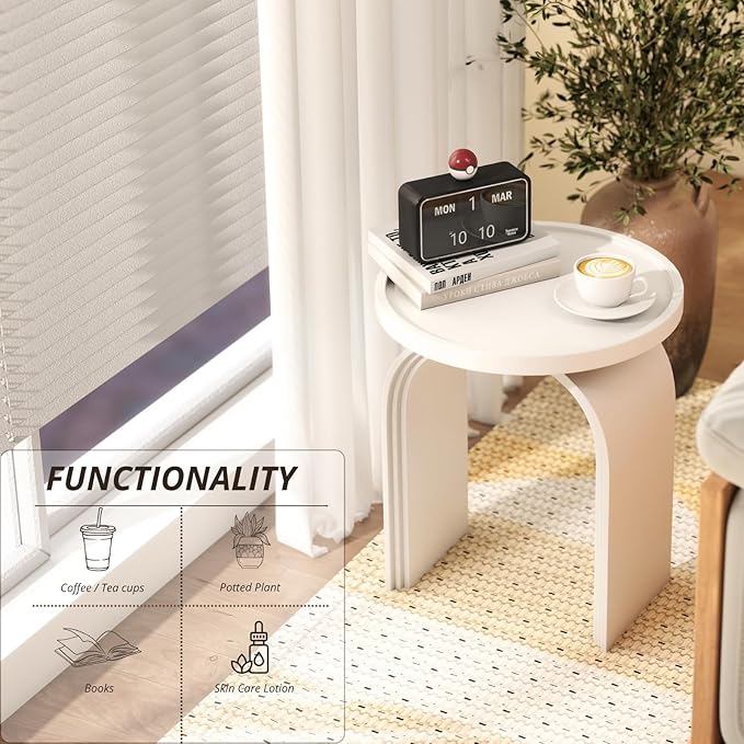 Round Side Table, Modern White Wood End Table with Sturdy Base, Small Drink Table for Living Room, Bedroom and Small Spaces