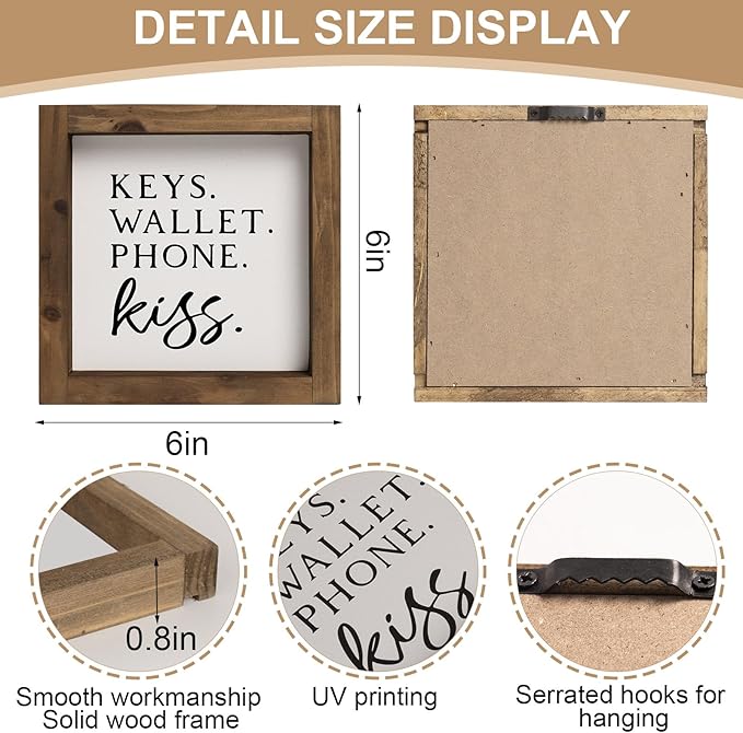 flangairy Keys Wallet Phone Kiss Sign, 6 Inch Wooden Entryway Table Wall Decor Ideas, Foyer Entry Home Decorations