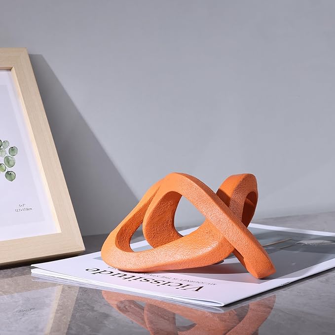 Infinity Knot Sculpture Orange Knot Decor Object, Abstract Knick Knacks Coffee Table Modern Statue, Orange Sculpture for Home Living Room Table Ornaments and TV Stand Bookshelf Decorative