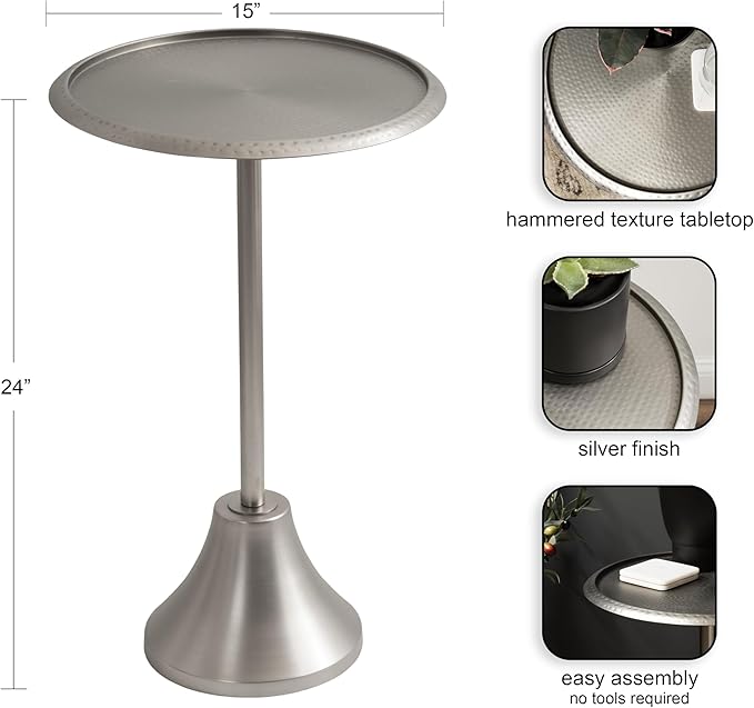Kate and Laurel Sanzo Modern Pedestal Side Table; 15 x 15 x 24; Antique Silver; Decorative End Table with Hammered Tabletop for Use as a Bedroom Nightstand or Living Room Accent Table