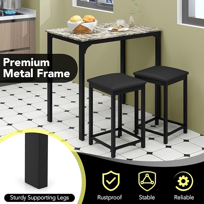 Giantex Dining Table Set for 2, Counter Height Bar Table with Faux Marble Pattern Tabletop, 2 Padded Bar Stools, Footrests, Metal Frame, Dinette Set for Kitchen Small Space Breakfast Nook Pub, Brown