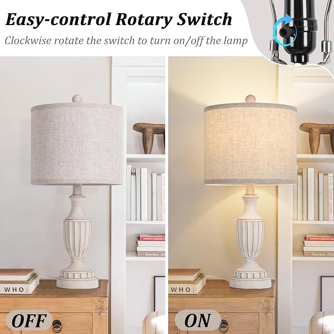 TOBUSA 22“ Farmhouse Table Lamps Set of 2, White Rustic Vintage Table Lamps for Living Room Bedroom, Antique Bedside Desk Lamps with Linen Shade, Traditional Resin Nightstand Lamp Sets for End Table