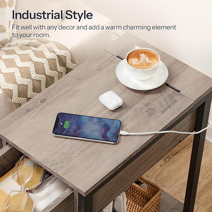 HOOBRO End Table with Charging Station, Narrow Side Table, Small Nightstand, Bedside Tables with Drawer and Storage Shelves, for Small Spaces, Living Room, Bedroom, Greige and Black BG041BZ01G1