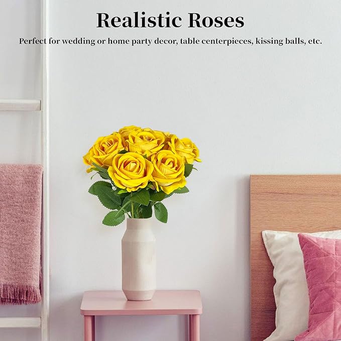 10 PCS Artificial Roses with Long Stems Silk Flowers Realistic Foam Flowers Fake Roses for Valentine's Day Home Wedding Halloween Decor(Yellow)