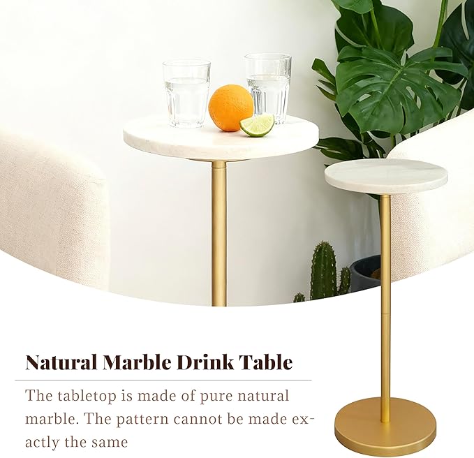 Nature Marble Drink Table, Pedestal Table, Small Round Side Table, Martini Table for Living Room, Bathroom, Small Space (White)