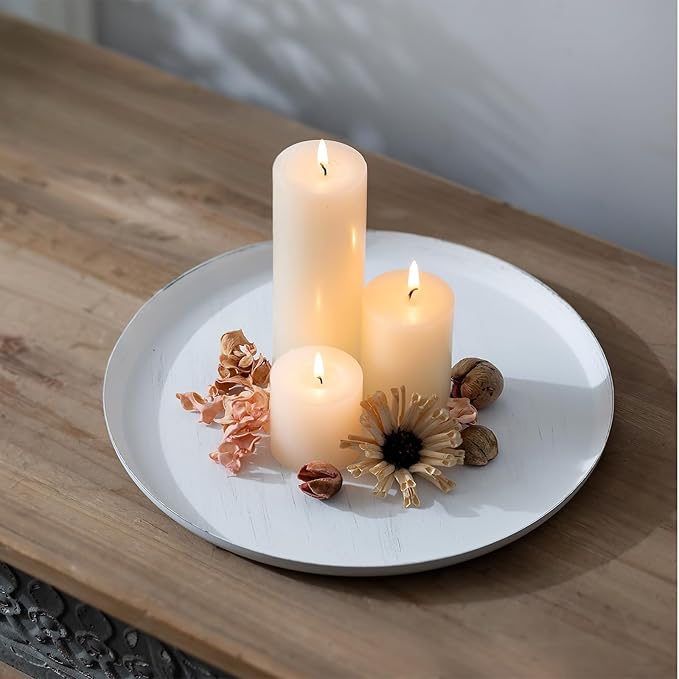 Sziqiqi Farmhouse Candle Tray Holder: 11 inch Large Distressed White Tray for Pillar Candles Tealights - Round Decorative Tray for Coffee Table Dining Table Bathroom