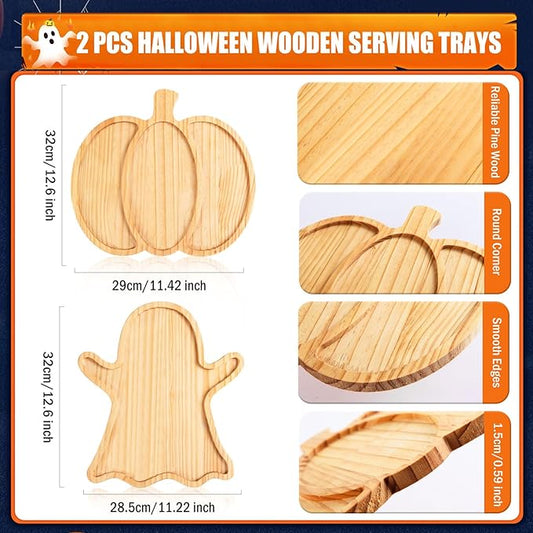 FOBSME 2 Pcs Halloween Wooden Charcuterie Boards Pumpkin and Ghost Shape Serving Platters Fall Wood Serving Trays Decorative Wooden Snack Dish Plates for Halloween Autumn Holiday Housewarming Presents