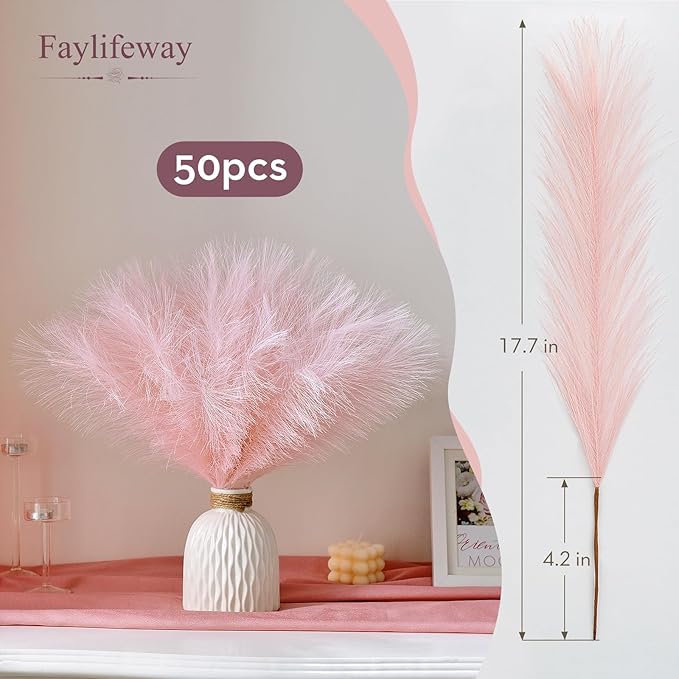 𝟱𝟬𝙥𝙘𝙨 Pampas Grass 𝟭𝟳in, Pink Artificial Dried Pampas Grass Decor for Living Room, Faux Pampas Grass Vase Filler Fluffy for Wedding Party Boho Decoration (𝗣𝗶𝗻𝗸)