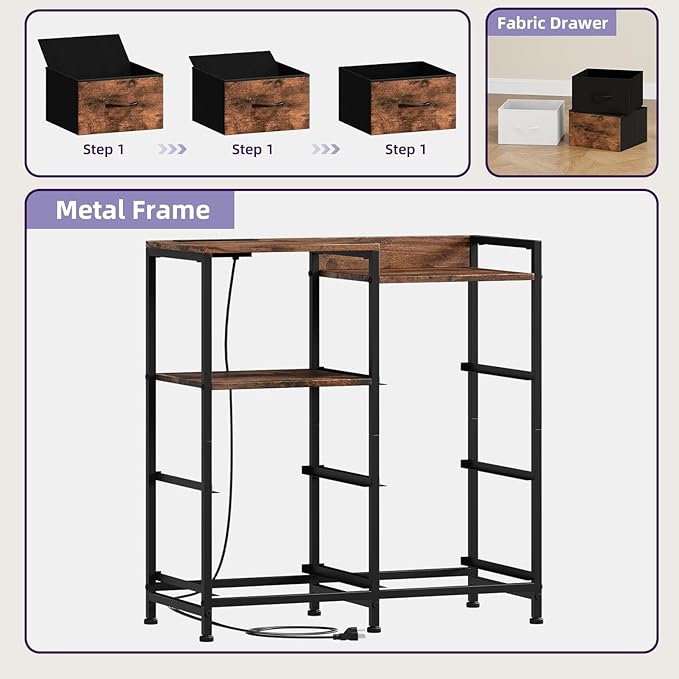 Somdot Nightstand with Charging Station and LED Light, Wide 5 Drawers Dresser for Bedroom with Fabric Bins and Open Shelf for Bedroom Kids Closet Dorm Guest Room, Wood Grain Print