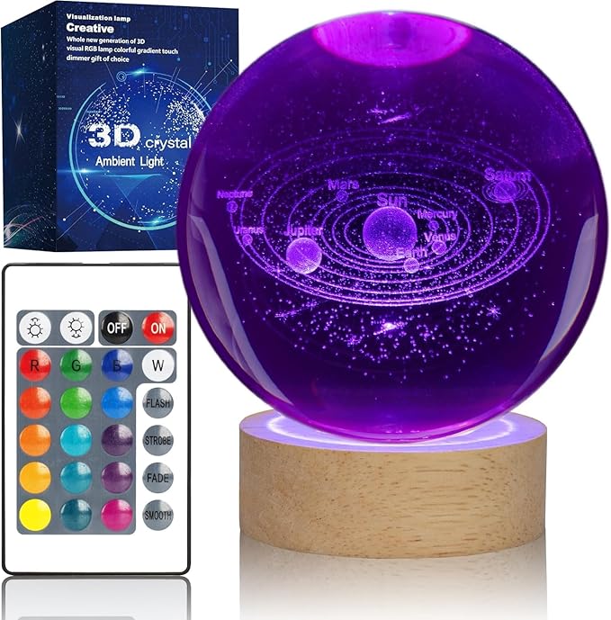 3D Solar System Crystal Ball Lamp with 16 Colors LED Wooden Base, Upgraded 3.15 Inch Solar Night Light with Remote Control, Home Decor Living Room Office Bedroom Lamp