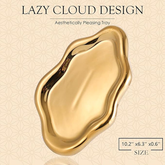 Ceramic Jewelry Tray Trinket Dish, Decorative Cloud Vanity Key Tray for Women, Ring Holder Dish, Cute Jewelry Plate Bowl Room Decor Aesthetic, Gold, Large