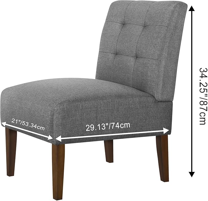 Slipper Accent Chair Modern Armless Lounge Chair with Wood Legs Upholstered Makeup Vanity Tufted Side Chair Fabric Comfy with Decor Back for Living Room Bedroom Patio (Pin Back, Grey)