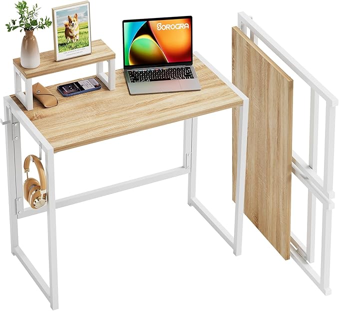 Folding Desk with Monitor Stand, 31.5 Inch Foldable Computer Desk with Hook, Sturdy Small Space Saving Writing Table for Home Office Dorm, Oak