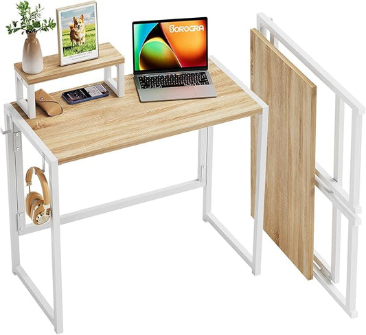Folding Desk with Monitor Stand, 31.5 Inch Foldable Computer Desk with Hook, Sturdy Small Space Saving Writing Table for Home Office Dorm, Oak
