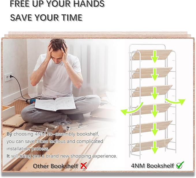 4NM No Assembly Folding Bookshelf, 6 Tiers Collapsible Book Shelves Open Industrial Foldable Storage Bookcase Shelf for Bedroom, Living Room, Home Office - Natural and White