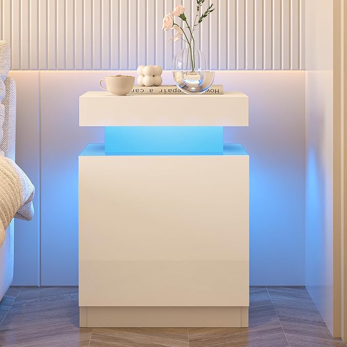 oneinmil Nightstand Set of 2 with LED Lights, Night Stand with Storage Cabinet for Bedroom, Bedside Table with LED, White
