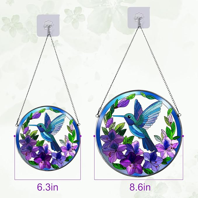 Stained Glass Sun Cather for Window Hanging, 8.6'' Hummingbird Suncatcher with Flowers for Indoor Ornament, Bird Stain Glass Home Decor for Women, Mother