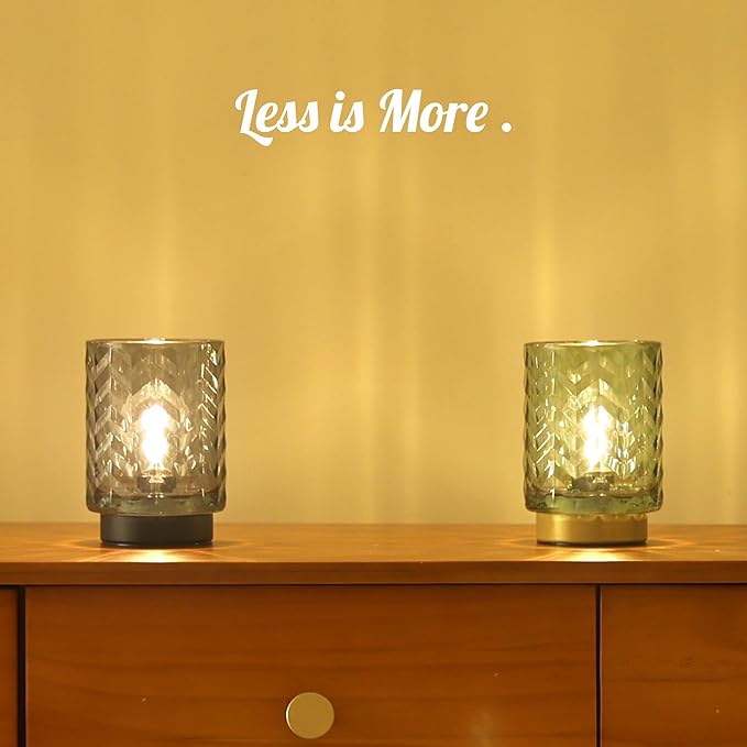 Battery Operated Lamp Cozy Bedside Ambience, Small Vintage Cordless Table Lamp for Shelf Office Desk, Glass Decorative Accent Lamp for Living Room/Entryway/Dorm Wave Design-Green