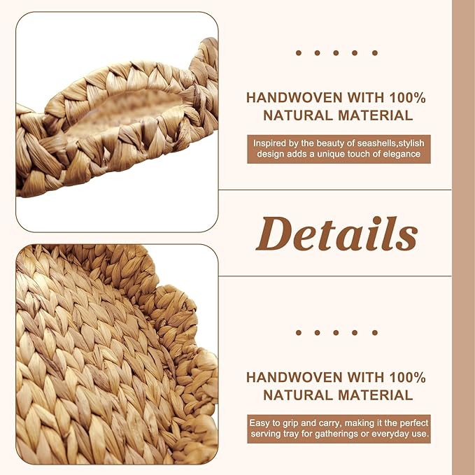 Scalloped Tray, 13.8" Large Round Basket Tray Wicker Rattan Serving Tray2 with Handles, Scallop Basket Table Décor Trays, Water Hyacinth Round Rattan Tray1 for Ottoman Decorative