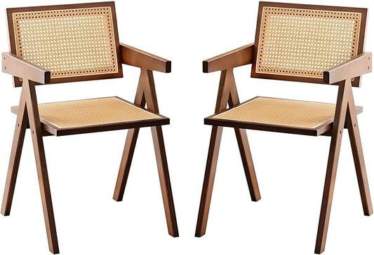 Rattan Accent Chairs, Modern Mid Century Dining Chairs Set of 2, Comfy Armchairs, Outdoor Rattan Chairs with Armrest for Bedroom Living Room Reading Room Dining Kitchen, Brown