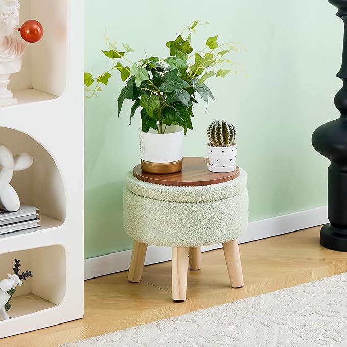 Mxfurhawa Versatile Storage Ottoman, Round Footstool with Soft Padded Seat, Small End Table with 4 Wood Legs, Teddy Velvet Foot Rest for Couch,Shoe Changing Stool for Living Room (Light Green)