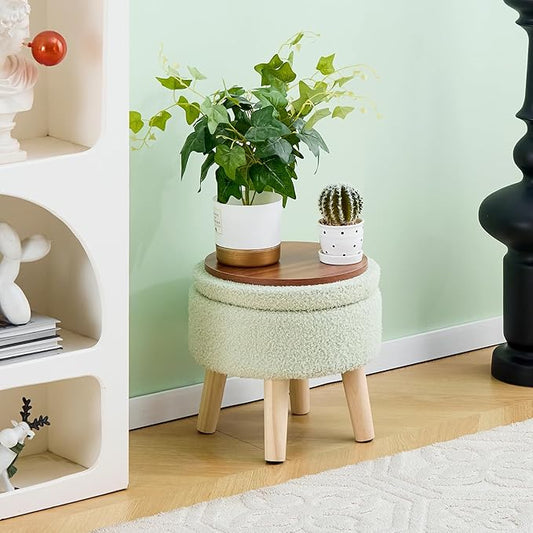 Mxfurhawa Versatile Storage Ottoman, Round Footstool with Soft Padded Seat, Small End Table with 4 Wood Legs, Teddy Velvet Foot Rest for Couch,Shoe Changing Stool for Living Room (Light Green)