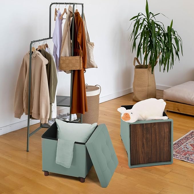 Storage Ottoman, Ottoman with Storage for Living Room Square Ottoman with Tray Lid Bedroom Storage Footstool Cube Small Ottomans Foot Rest Stool with Legs Foldable Faxu Leather 15" Inches