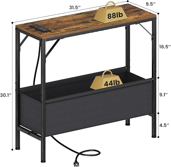 Small Console Table with Charging Station and Storage Basket, 31.5'' Couch Table Behind Sofa, Entryway Table, Narrow Console Table for Hallway, Foyer, Living Room, Rustic Brown