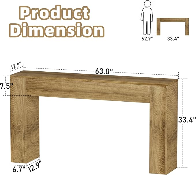 JUSTOGO 63" Long Console Table, Wood Entryway Table Behind The Couch, Rectangular Farmhouse Sofa Table with Heavy Duty Legs, Accent Furniture for Living Room, Entrance, Hallway, Foyer, Brown